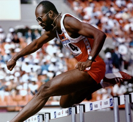 Edwin Moses (US) clears a hurdle in his